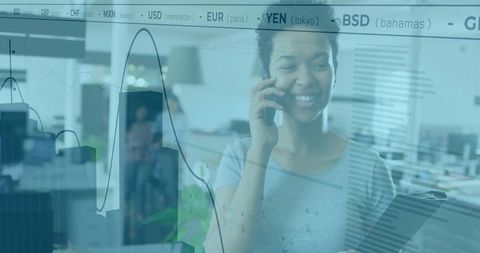 Businesswoman Communicating in Modern Office with FinTech Overlay