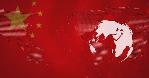 Stylized Eurasia Globe with China Theme on Red Background