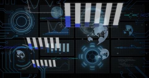 Futuristic Data Dashboard Displaying Vertical Bar Charts, Circular HUD and World Telemetry