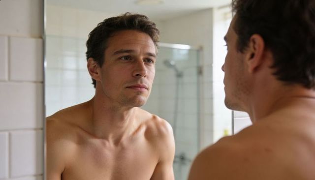 Shirtless man examining reflection in bathroom mirror during quiet morning routine