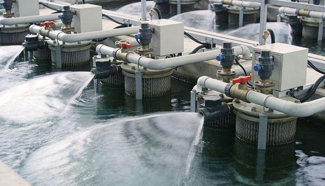Industrial aeration system releasing water jets through pleated filters in concrete basins