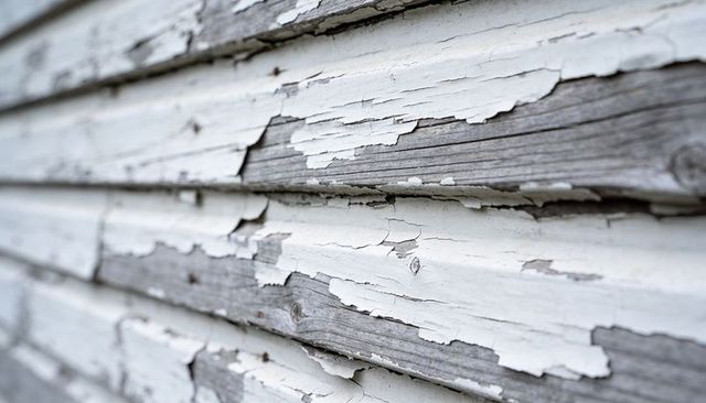 Peeling paint revealing weathered clapboard siding and gray wood grain texture