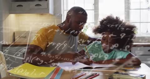 Father Guiding Child Through Math Problems in Kitchen