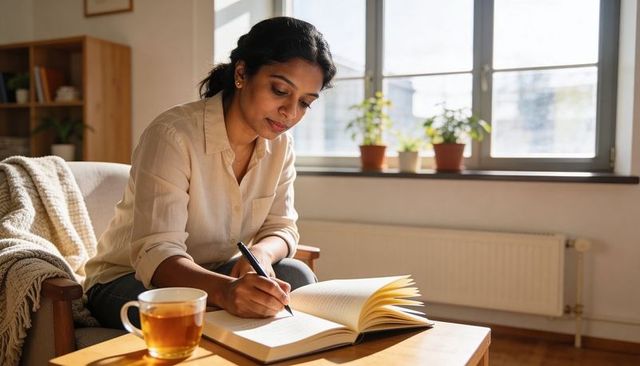 Sunlit morning journaling: woman writing in cozy living room with tea cup