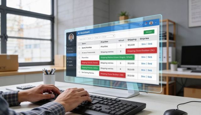 Worker Typing at Desk with Holographic AI Logistics Dashboard Managing Shipping Workflow