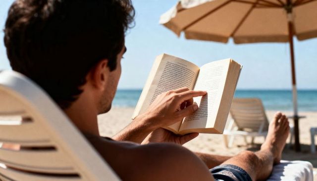 Man relaxing on beach reading paperback and pointing at text while lounging in sun