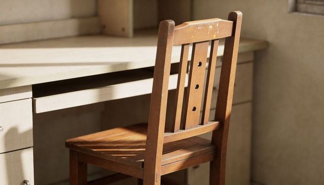 Sunlit wooden chair by study desk showing scuffed backrest and drawer