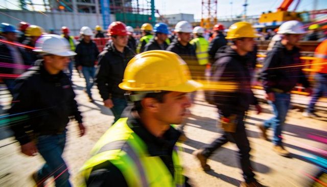 Construction workers moving through busy site wearing yellow hard hats and hi-vis vests