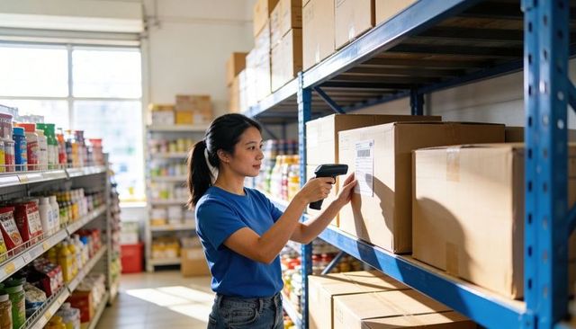 Retail worker scanning inventory on warehouse shelves with barcode scanner and boxes