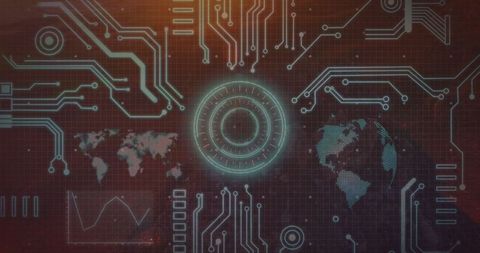 Futuristic Digital Interface with Circuitry and Data Visualization Elements