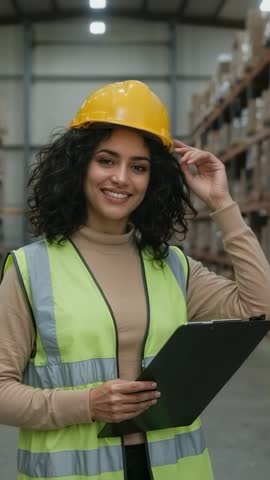 Warehouse operator conducting stock check, adjusting hard hat, holding clipboard — vertical video