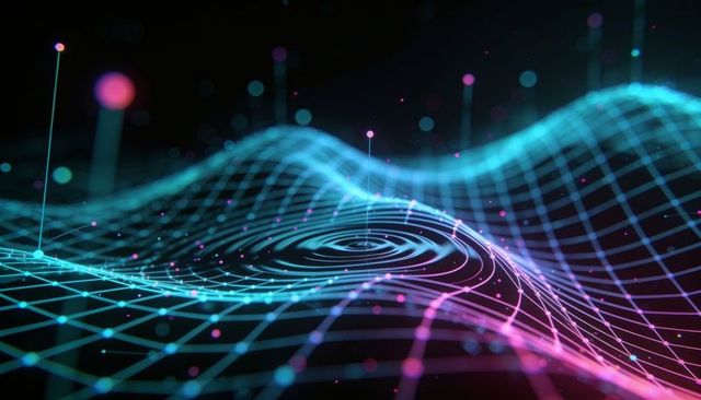 Neon wireframe wave visualizing digital data flow with concentric ripples and nodes