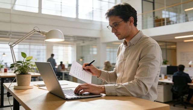 Professional standing at desk taking notes and using laptop in modern open-plan office