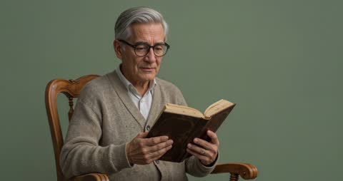 Elderly Man Reading Vintage Book in Comfortable Setting