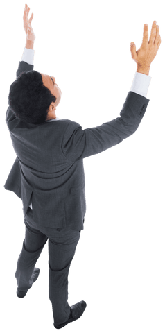 Biracial businessman raising hands on transparent background