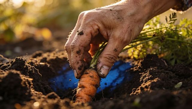 Harvesting carrot with dirt-covered hand in garden bed during golden hour