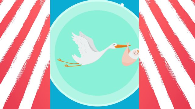 This digital animation features a whimsical image of a stork carrying a baby set against an imaginative background with colorful, moving shapes. Ideal for children's storytellers, creative holiday celebrations, and cheerful event promotional materials. Perfect for expressing playful and jubilant themes, particularly for digital content or festive soundtracks.