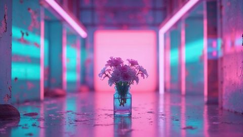 Neon-ambient floral scene with pink daisy bouquet in modern corridor