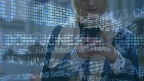 Muslim Woman on Smartphone with Financial Data Overlay