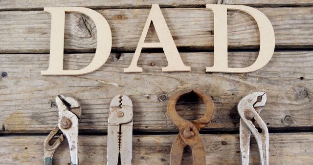 Rustic wood wall with letters 'DAD' and four rusty pliers at the base. Perfect for Father’s Day promotions, DIY gift ideas for dads, or nostalgic photo collections related to family and craftsmanship.