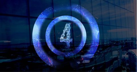 Digital Blue Countdown Animation Against Reflective Glass