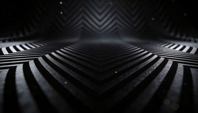 Dark chevron texture receding into depth with sparkling dust and dramatic lighting