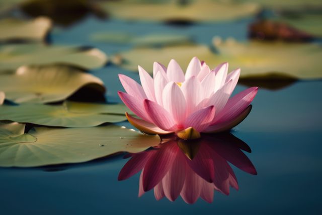 Pink lotus flower and leaves on dark water, created using generative ai technology. Nature, tranquility, rebirth and spirituality concept digitally generated image.