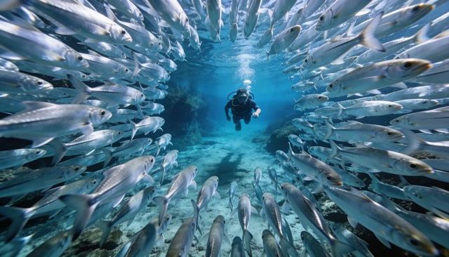 Scuba diver navigating tunnel of silver fish in crystal-clear tropical reef water