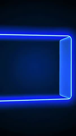 Vertical neon blue rounded rectangle rotating, inner fill shifting right, glowing prism loop