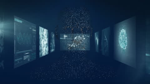 Futuristic Digital Human Interface with Data Visualizations