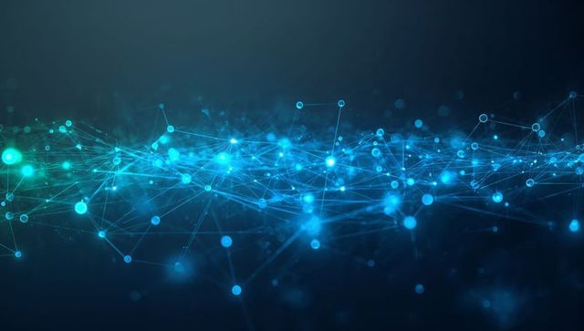 Glowing digital network mesh stretching across dark cyberspace with cyan nodes and thin lines