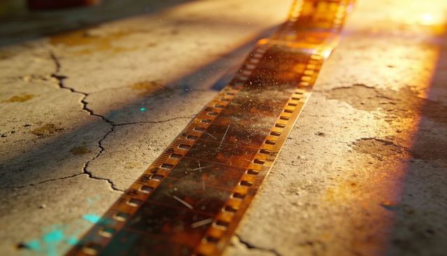 Sunlit vintage 35mm film strip on cracked concrete with dust, scratches and lens flare