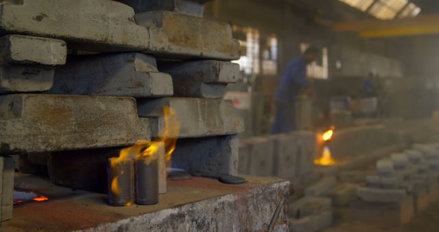 Workers in Iron Foundry with Molten Metal and Flames - Download Free Stock Images Pikwizard.com