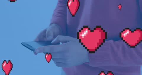 Hands Typing on Smartphone Surrounded by Pixelated Hearts