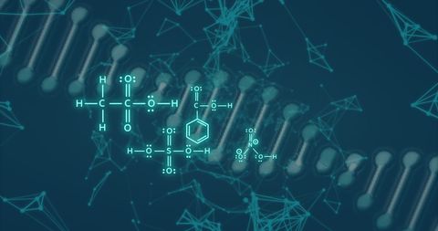Futuristic DNA Strand and Chemical Formula Visualization