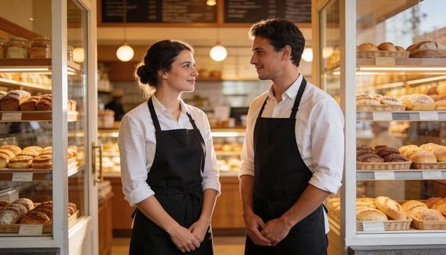 Two bakery staff conversing behind glass display, friendly baristas in black aprons