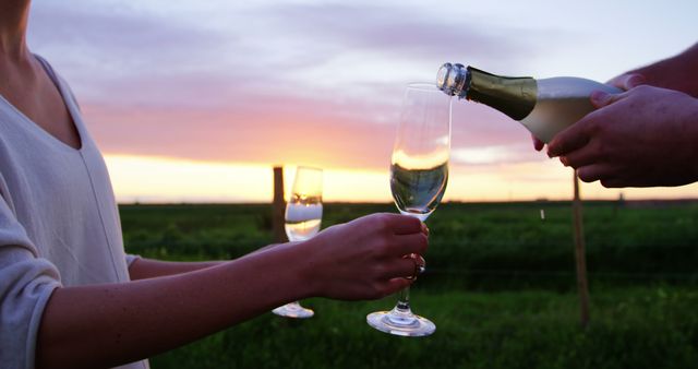 A person pours a sparkling beverage into a glass held by another individual during a sunset gathering, with copy space. The scene suggests a celebration or a casual outdoor event, capturing a moment of leisure and enjoyment.