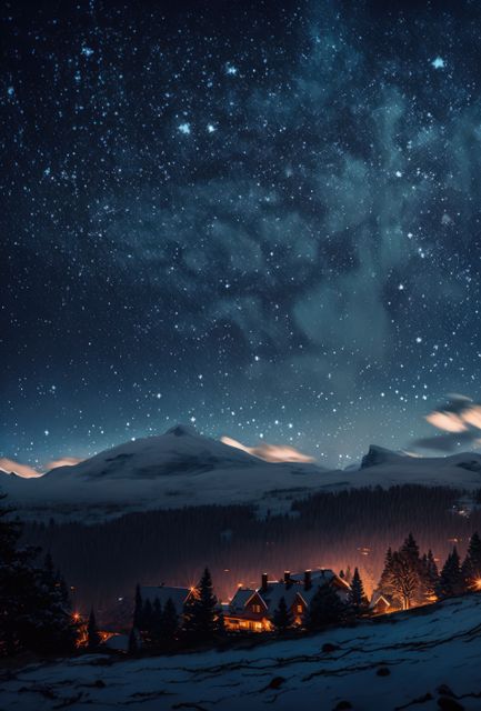 This image features a stunning starry night sky over a snowy mountain village. The sky is filled with stars, illuminating the night with a serene glow. Snow-covered mountains and trees frame the village's warmly lit homes, making it a perfect winter scene. Ideal for use in travel and tourism promotions, holiday greeting cards, winter-themed advertisements, or nature and outdoor articles. It also makes an excellent background for websites and presentations focused on winter or nighttime beauty.