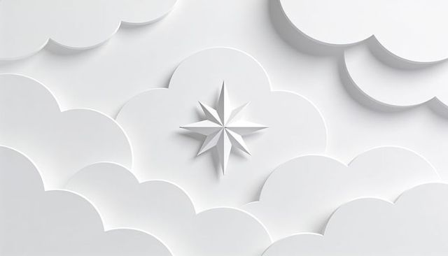 Minimalist white papercraft eight-point star sculpture with layered cloud relief