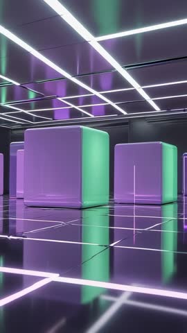 Vertical Neon Tracking Shot Following Glossy Purple Mint Cubes on Futuristic Grid