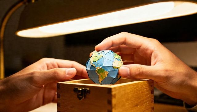 Hands placing origami globe into wooden box under warm desk lamp, concept of care