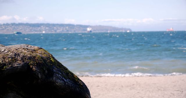 Tranquil Ocean Beach Landscape with Distant Ships and Clear Sky - Download Free Stock Images Pikwizard.com