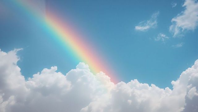 Vivid Rainbow Arc Over Lush Cumulus Clouds in Blue Sky