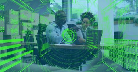 Professionals Reviewing Holographic Financial Data in Modern Office