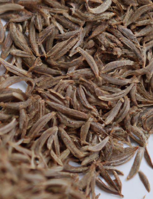 Close-up view of dried cumin seeds on a white surface. Ideal for use in cooking blogs, culinary magazines, spice product advertisements, recipe illustrations, and educational materials on spices used in various cuisines.