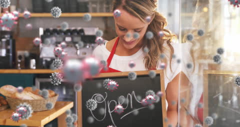 Cafe Waitress With Open Sign and Floating Virus Icons