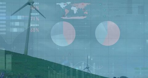 Wind turbine rotating on grassy hill with renewable energy data dashboard overlay