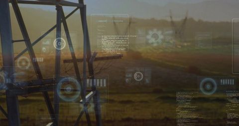 Metal lattice transmission tower with telemetry hud overlay rural meadow at golden hour