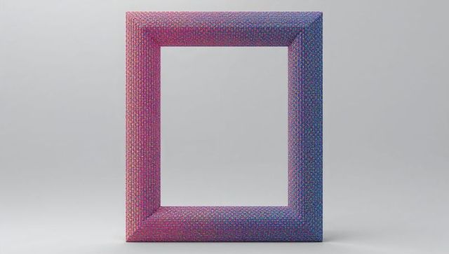 Multicolor speckled square frame standing on minimal studio with gradient beaded texture