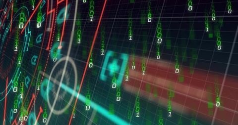 Holographic cyber hud displaying cascading green binary and futuristic reticle
